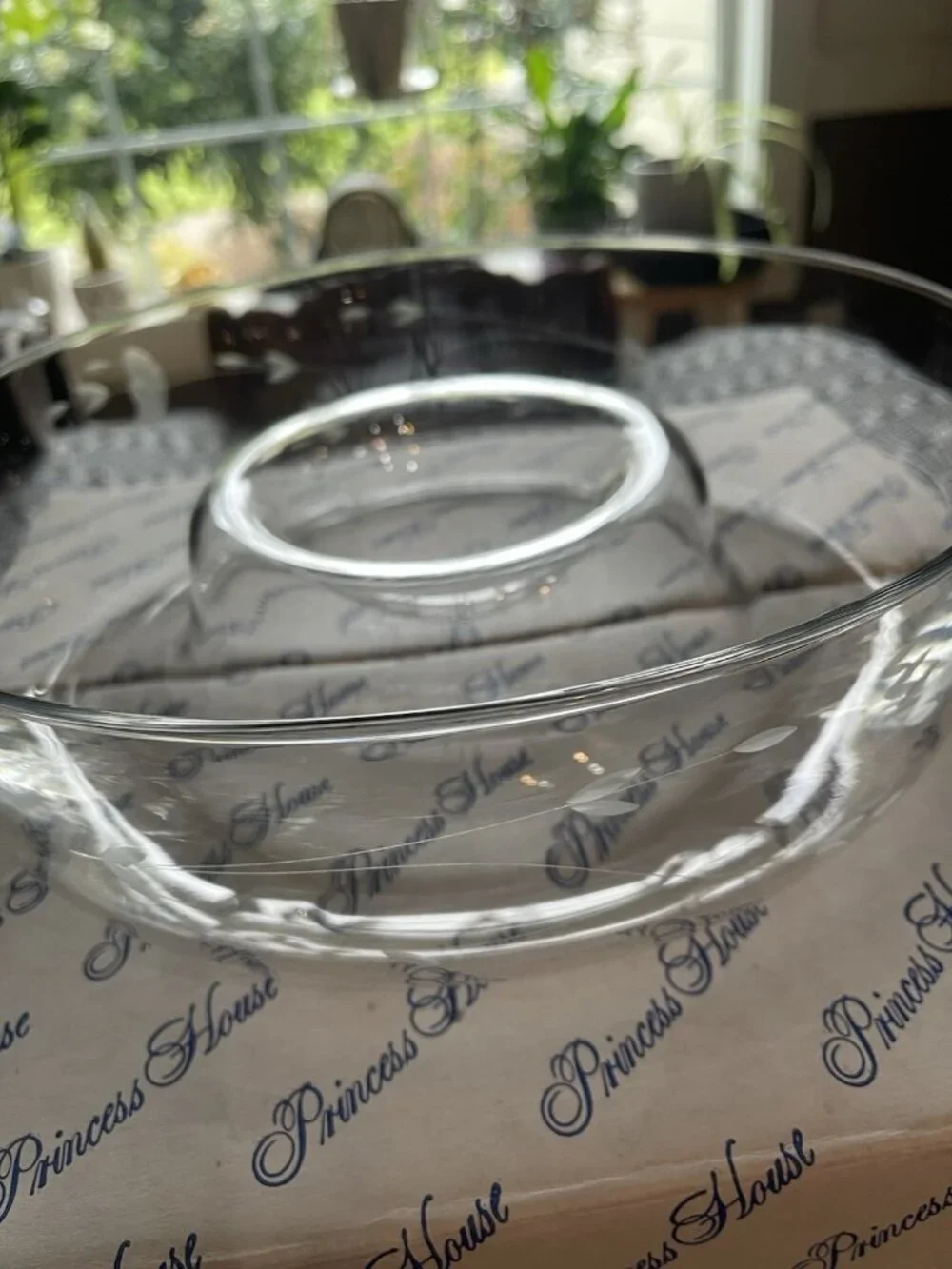 Large Etched Crystal Serving Bowl w Dip Well Veggies Chips Fruit 11.5” Elegant